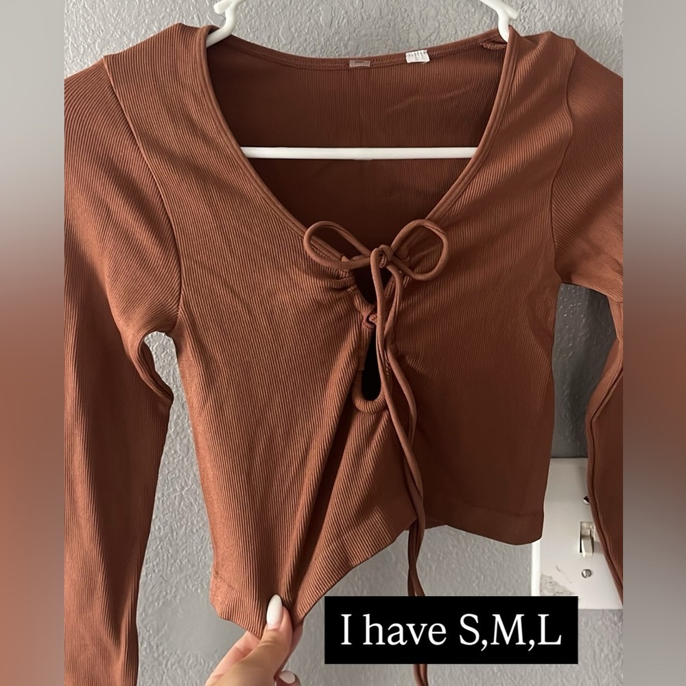 Brown Long Sleeve Tie-Front Top
